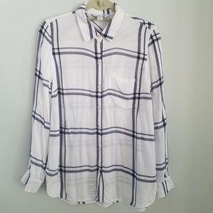 White Plaid Button Down Long Sleeve Blouse Medium